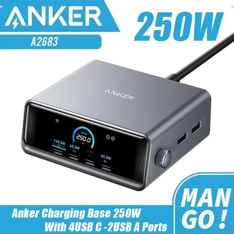 

Зарядное устройство Anker Prime, 250 Вт GaN USB C, станция быстрой зарядки, 2,26 дюйма, ЖК-дисплей для iPhone, MacBook Pro, iPad, умный циферблат управления