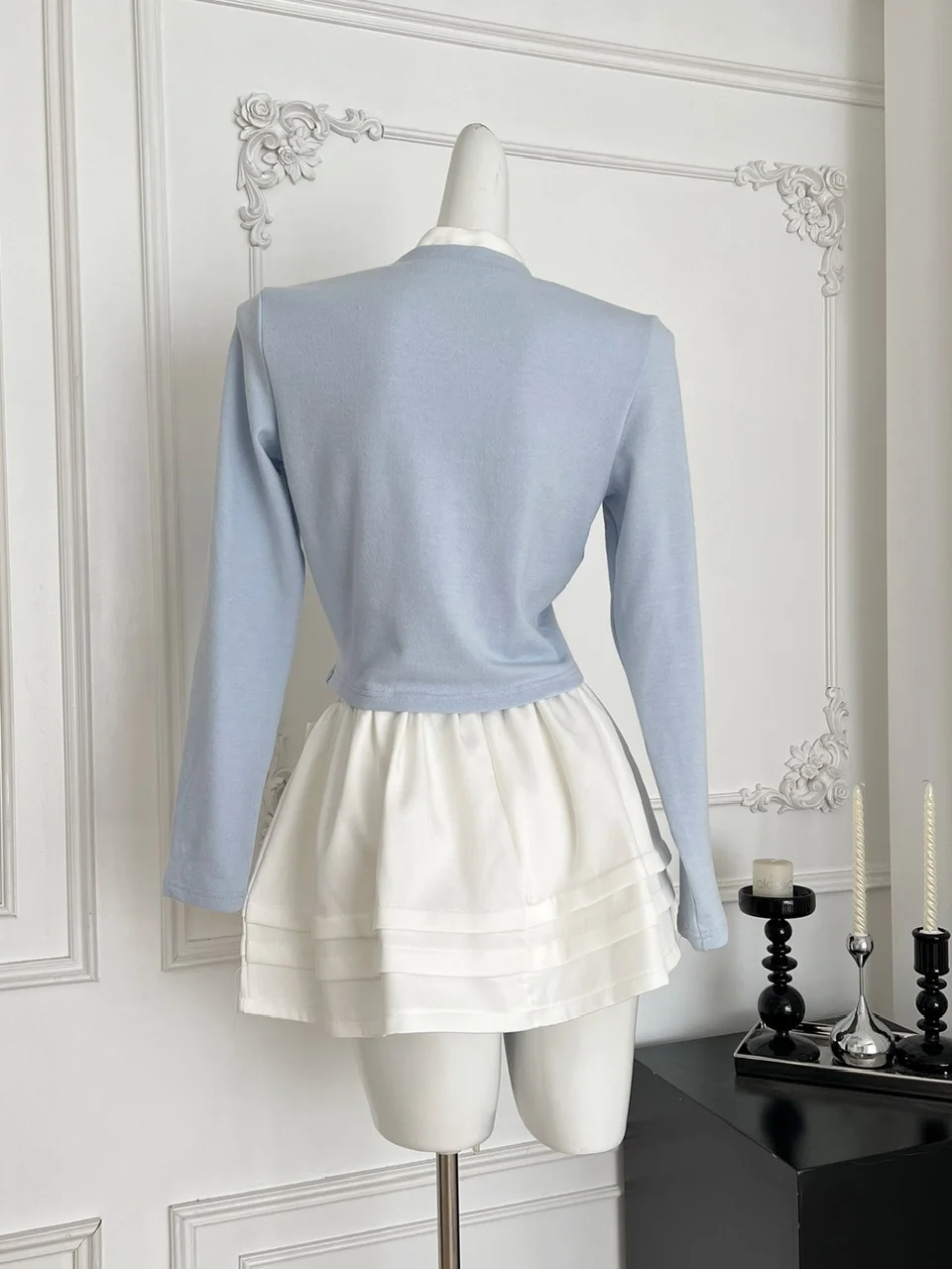 Blue Knitted ort Open Cardigan And High Waist Cake Skirt Set Soft Cozy Feel Patchwork High Ne Slimming Effect Faion Set