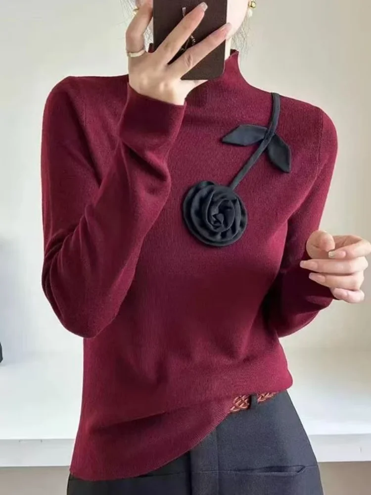 

Women's Elegant Beautiful Knitted Sweater Autumn Winter New Fashion Turtleneck Flower Decoration Casual Pullover Slim Fit Tops
