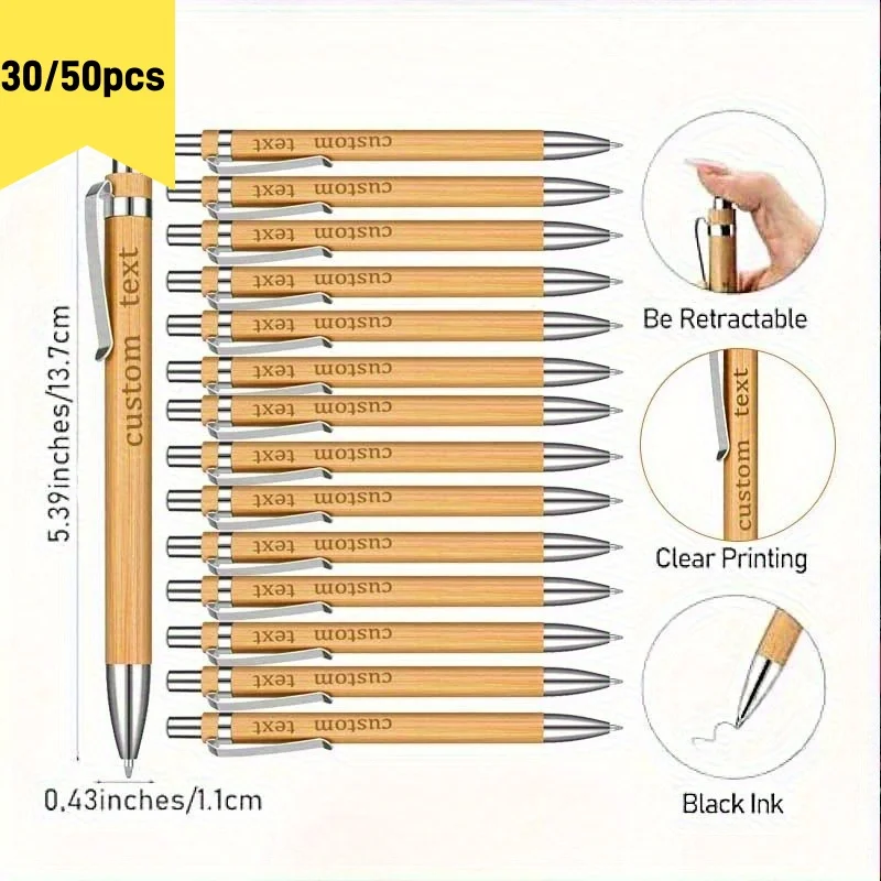 30/50pcs Customized Engraved Bamboo Ballpoint Pens Black Ink for Teachers Office Supplies Colleagues Employee Gifts Bulk Pack