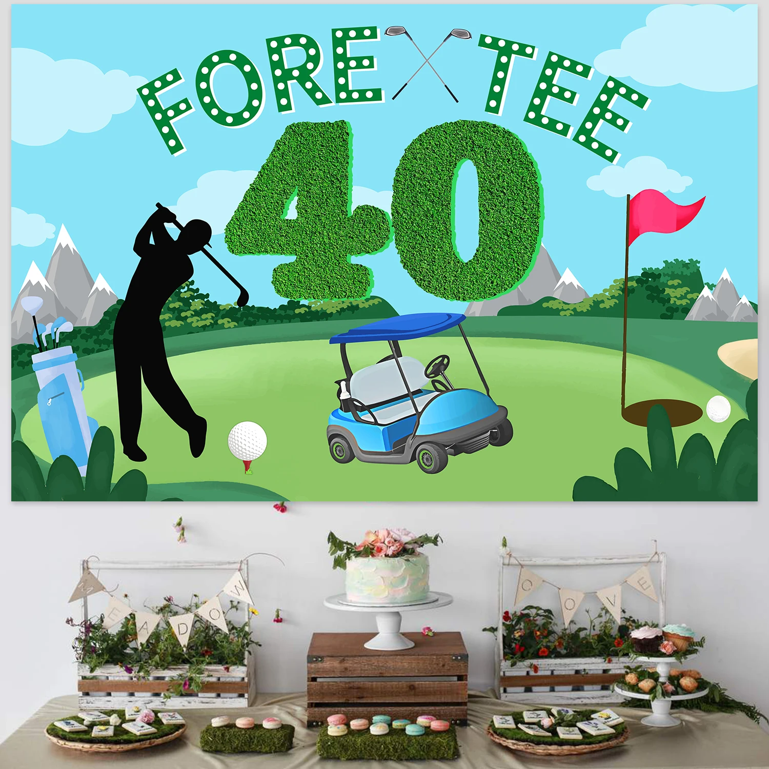 Green and White Golf Fore Tee Theme Background Cloth, 40th Birthday Backdrop, Party Decor Supplies for Adults