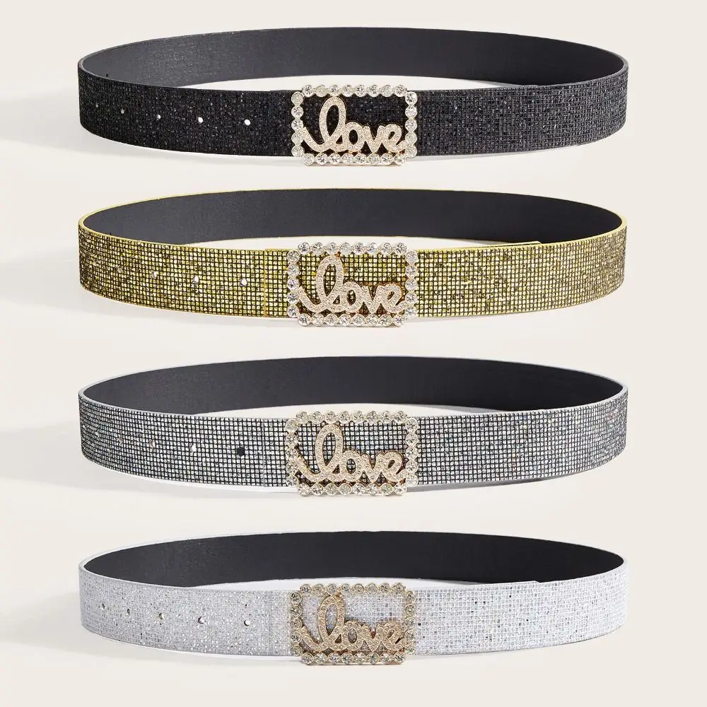 

Vintage Bling Bling Sparkling Rhinestone Belt Luxury Brand Design PU Leather Love Slide Buckle Belt Versatile Glitter Belt Women