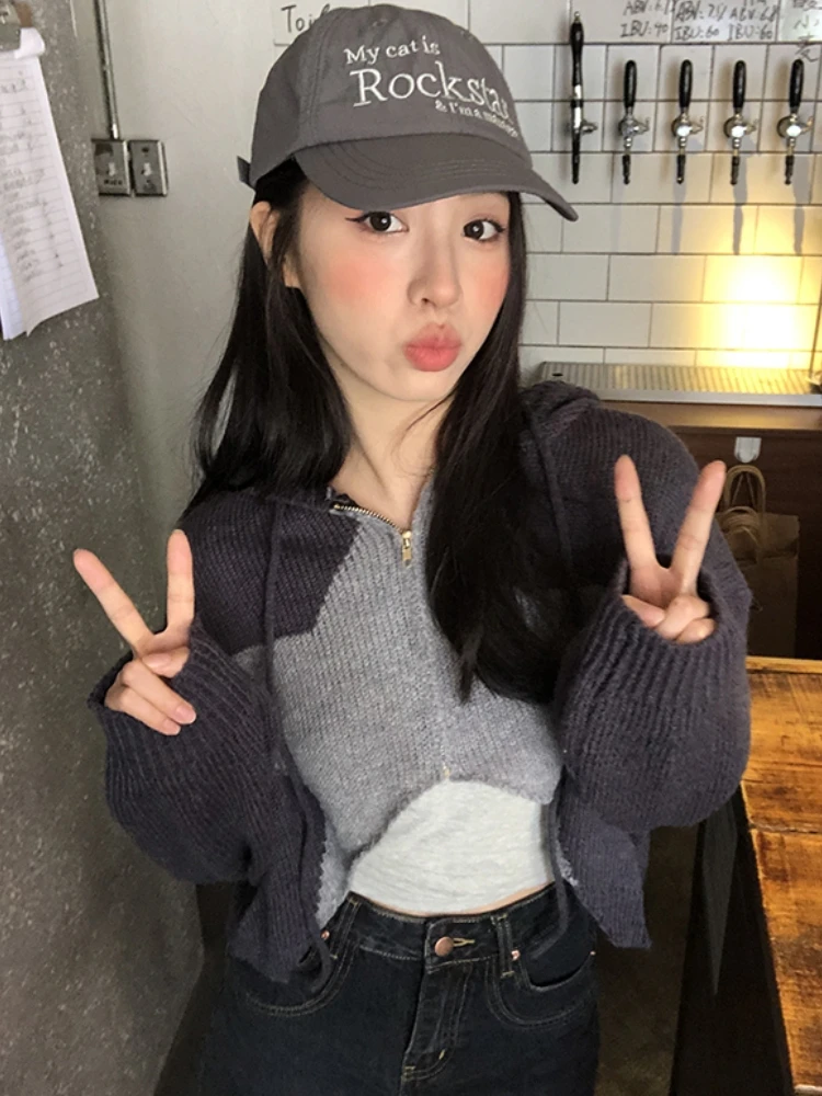 

Укороченные кардиганы с капюшоном для женщин, осень 2022, новый шикарный винтажный трикотаж, студенческая уличная одежда, хипстерский свитер с длинными рукавами Mujer