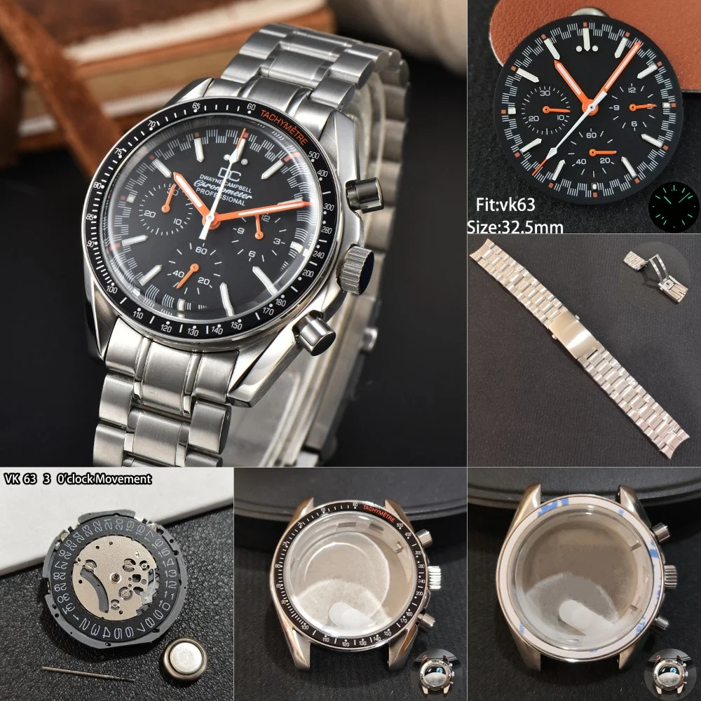 

32.54MM VK 63 Dial AND Watch Case 20MM Band Ceramics Bezel 3 o'clock Movement Hands Fit VK 63 Movement Men‘s Watches Accessories