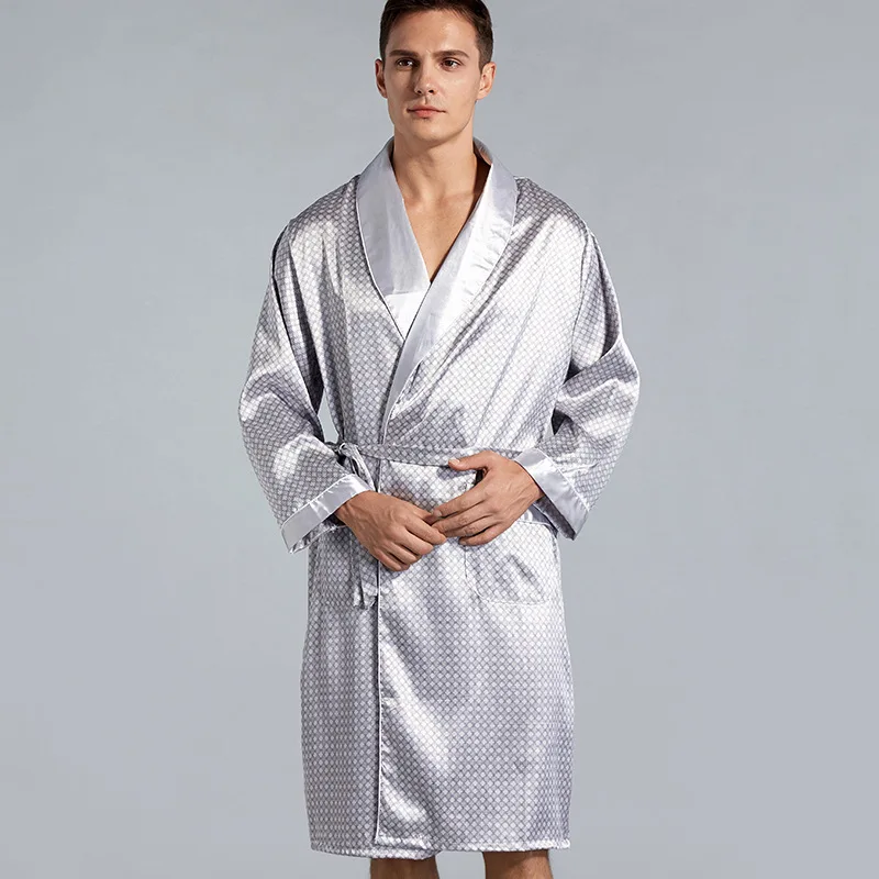 Plus Size 3Xl 4Xl 5Xl Kimono Print Plaid Bathrobe Men Sleepwear Satin Intimate Lingerie Summer New Loungewear Long Sleeve