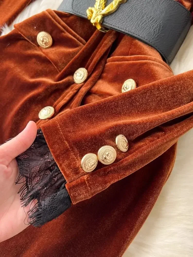 Robe de luxe en velours pour femmes, vêtements crantés, boutons métalliques, lettres fendues, ceinture, velours épais, longue fête, XQ30, automne hiver