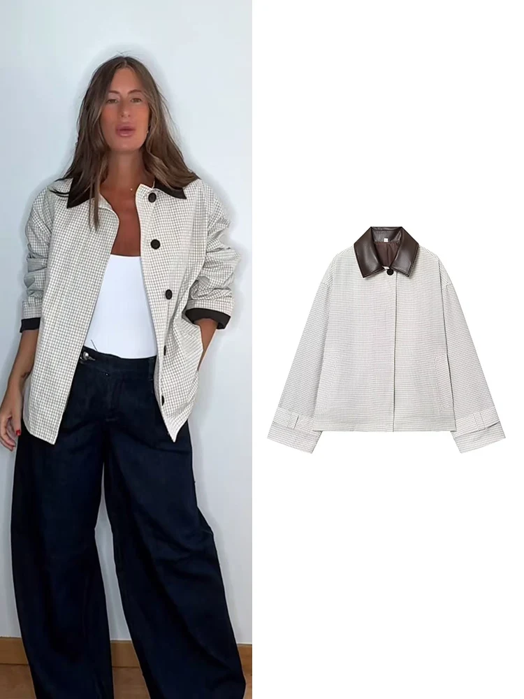 

Women's Spliced Windbreaker Chic Lapel PU Collar Single Breasted Pocket Loose Jackets Ladies New Daily Commuting Outerwear