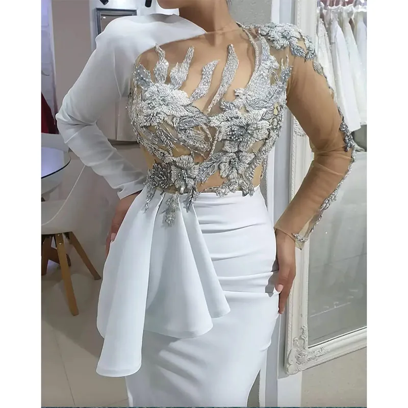 Vestidos de noche con cuentas de encaje blanco elegante, vestidos de fiesta de graduación con abertura alta, mangas largas, vestidos formales de segunda recepción