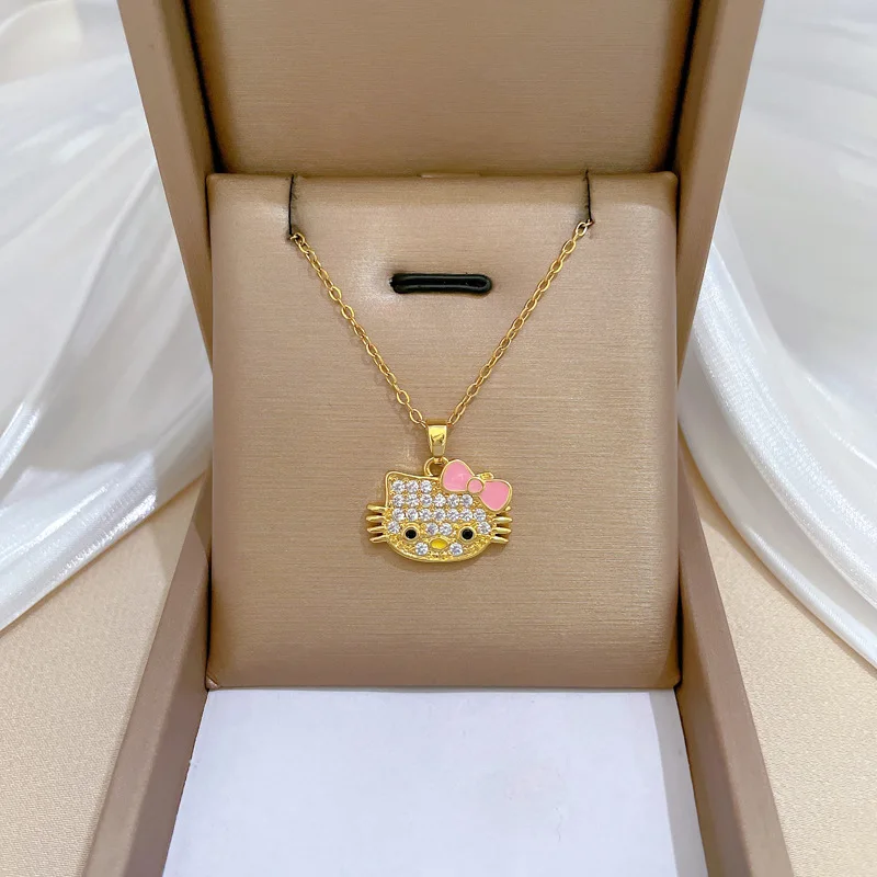 Hello Kitty Iced Out Pendant Necklace Stainless Steel Crystal Sanrio KT Cat Clavicle Choker Necklace Jewelry for Women Girls