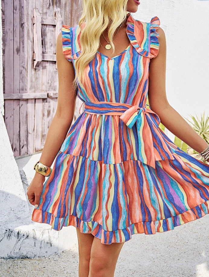 

Women's fashionable casual dress 2024 summer new print V-neck ruffled sleeves tied waist slim vest short skirt