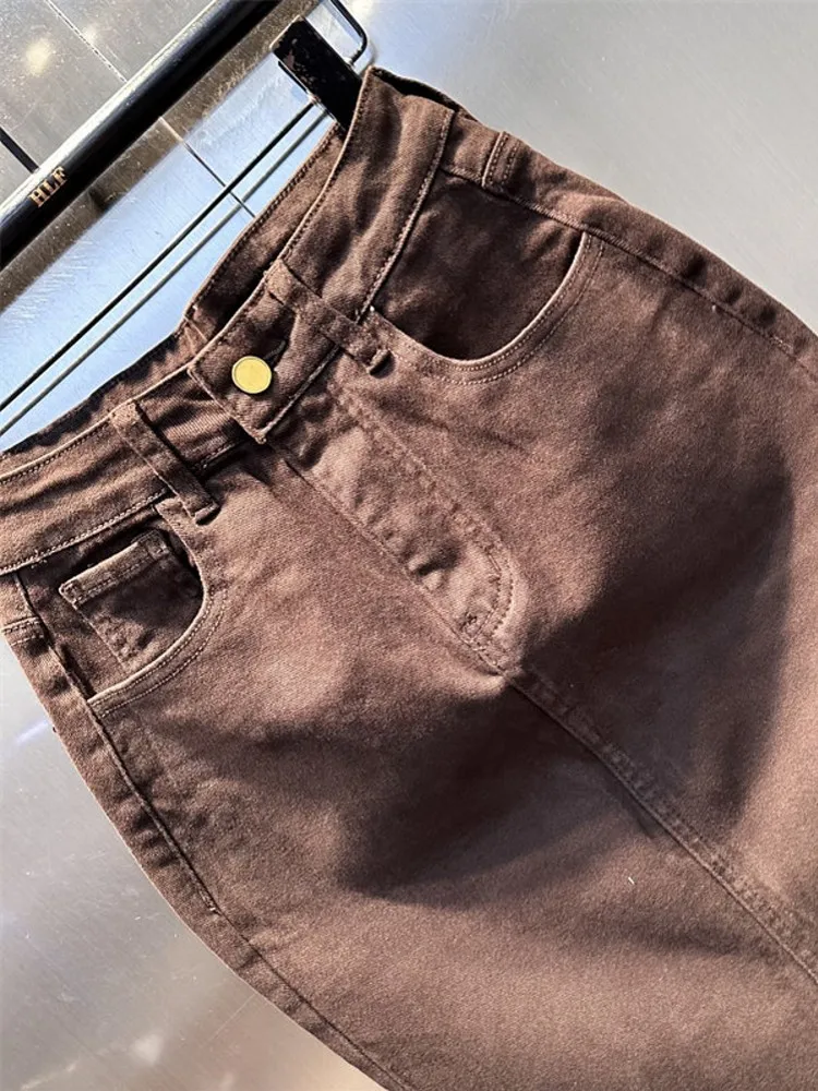 Spring New Fashion Ladies Denim Casual Style Solid Color Versatile Slim Fit Skirts Designer Female High Waist Belt Mermaid Skirt