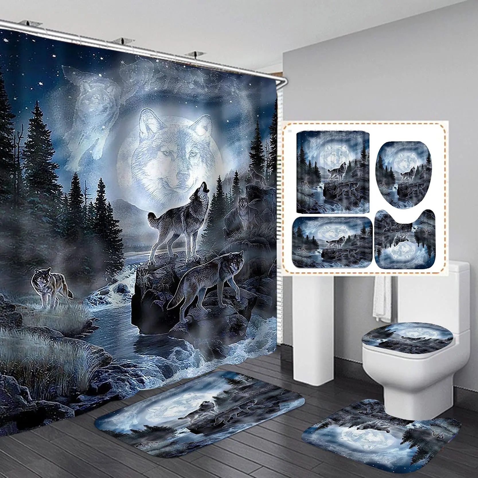 Mysterious Wolf Moon Shower Curtain Sets Rugs Toilet Lid Cover Bath Mat Waterproof Wild Animal Bathroom Shower Curtain Set Decor