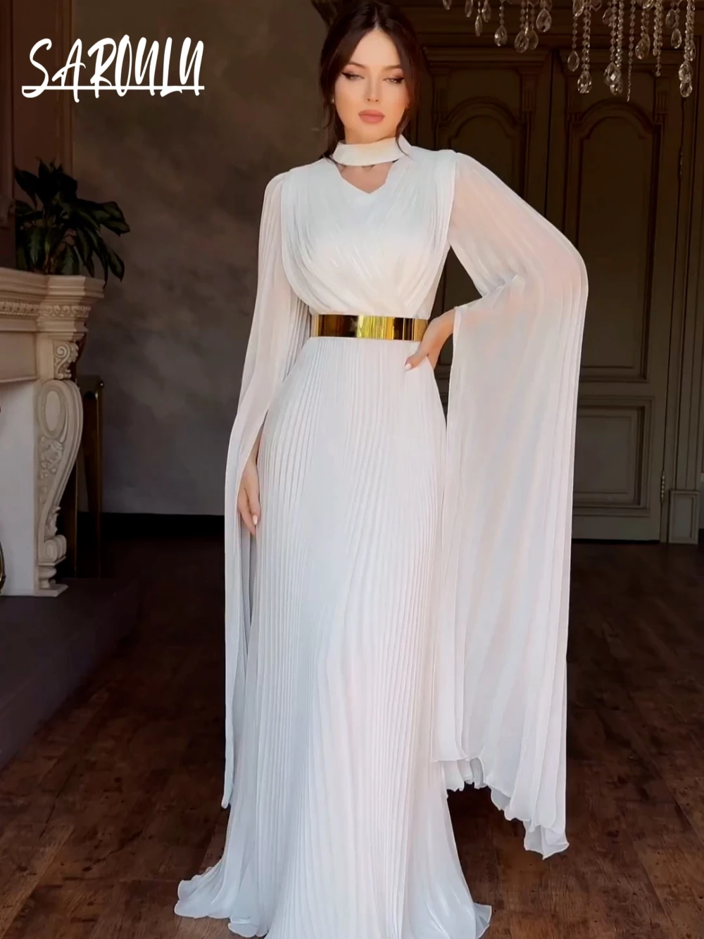 Abaya Cap Sleeves Pleated Evening Dress Kaftan Lace Up Back Banquet Women Prom Gown With Golden Belt Elegant A Line Party Wear
