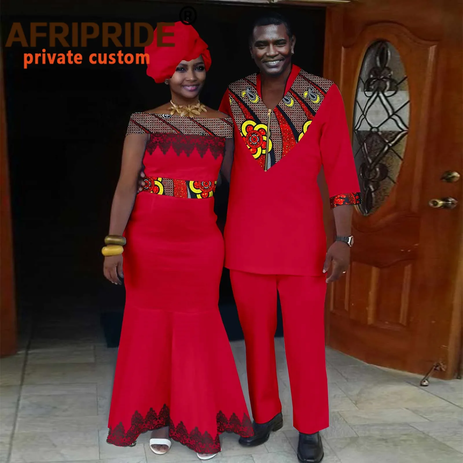 African Clothes for Couple Clothing African Dresses for Women with Headscarf Men`s Tracksuit Dashiki Top and Pants Set A21C002