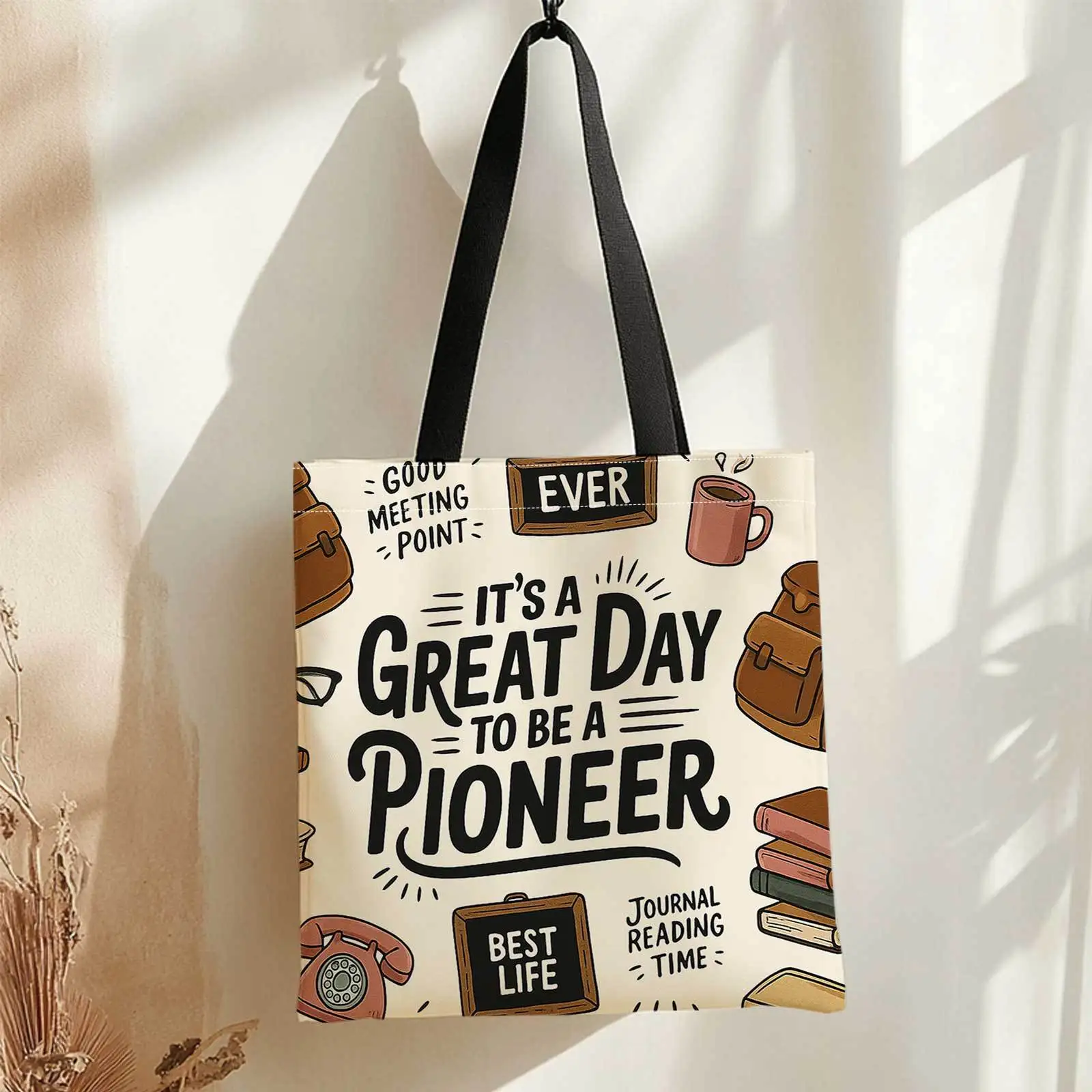 A Shopping Tote Bag with Prints on Both Sides, Featuring Designs Like a Pioneer, Books, And a Retro Phone. It'S Lightweight, Fol view 3