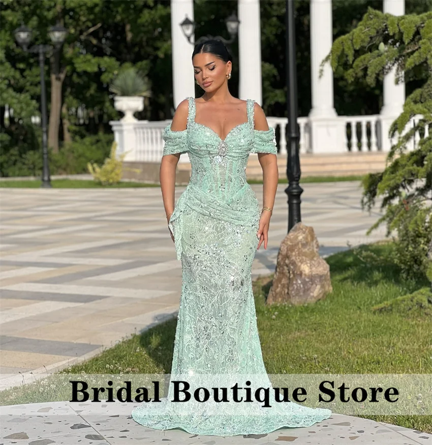 

Luxury Green Crystal Mermaid Evening Dresses Diamonds Beading Lace Wedding Party Formal Prom Gowns Robe Customized