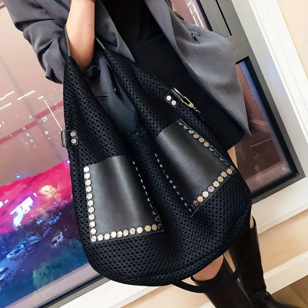 Retro mesh handbag, large capacity shoulder bag, punk style rivet stray bag, large women's bag