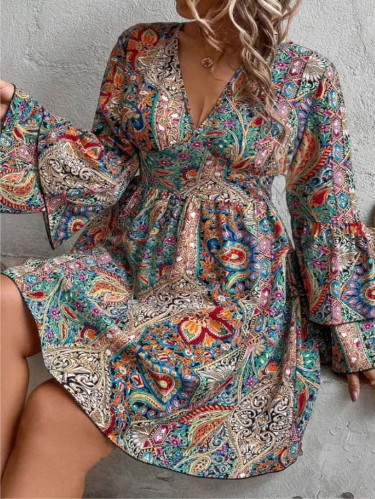 Elegant and Beautiful Women's Dresses Fashion Summer 2024 Plus Size Printing V-neck Casual Long Sleeves Clothing Free Shipping