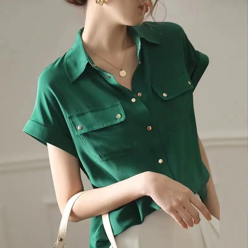 Trendy Office Lady Solid Color Chiffon Blouse Simplicity All-match Polo-Neck Short Sleeve Button Shirt Summer Women\'s Clothing