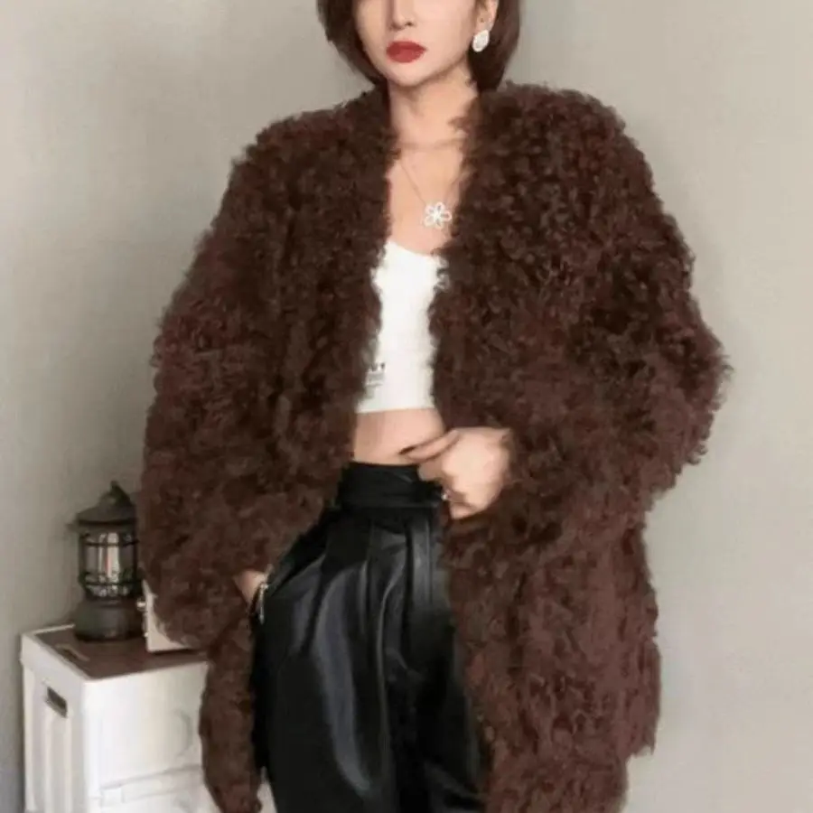 Vintage Brown Fur Coat Women Midi-Length Sheepskin Coat Puffy Jacket Y2K Streetwear Winter Warm Faux Fur Coats High Quality Tops