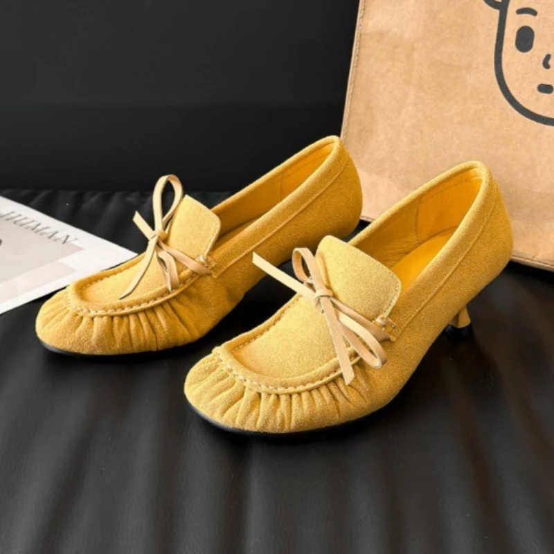 Spring Autumn Bow Pleated Kitten Heel Loafers Women Round Toe Fashion Mary Jane Shoes Comfort Low Heel Elegant Designer Shoes
