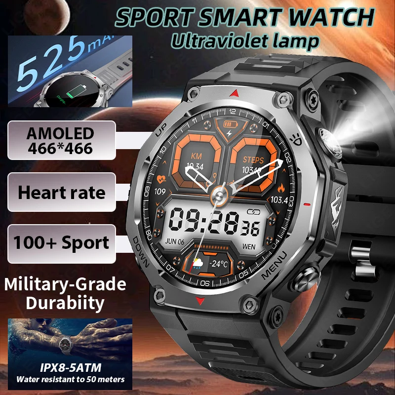

Flashlight/UV Smart Watch 5ATM Waterproof Original Design For Men Bluetooth Call Health Monitor With Flashlight 100+ Sports Mode
