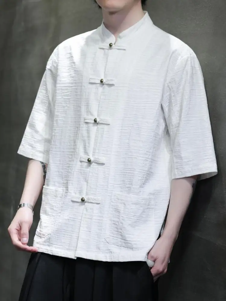 

Новая льняная хлопковая рубашка в китайском стиле, мужская летняя тонкая рубашка с короткими рукавами и цветочным узором, без воротника, модная, дышащая, в стиле Ханьфу