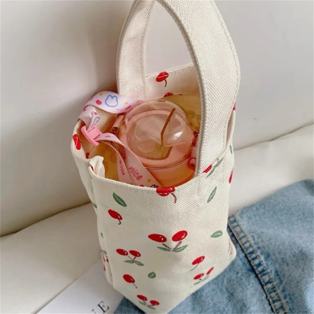 Cherry Printed Canvas Bag Casual Tote Portable Children'S Cute Thermos Handle Carrying Bag Reusable Thermos Handbag For Travel