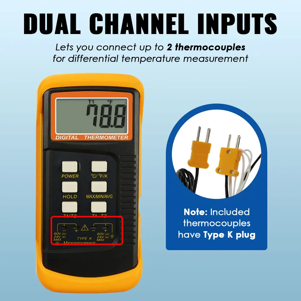 Digital K Type Thermocouple Thermometer Set Dual Channel Wired K-Type And Stainless Steel Thermocouples Ovens Furnaces Ceramics