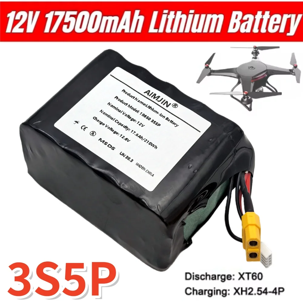AIMJIN 12V Li-ion Battery 17.5Ah 3S5P for UAV RC Airplane Quadrotor with XH2.54-4P XT60 Connector - High Capacity Remote Control
