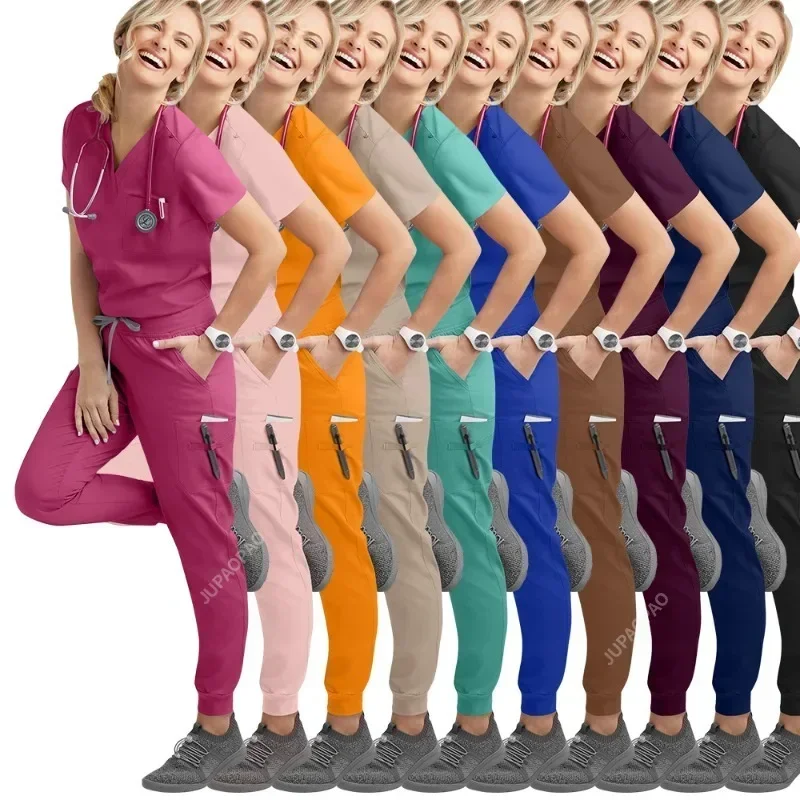 Manga curta Bocador Ternos Doutor Enfermagem Uniformes, V-Neck Tops, Calças de bolso, Enfermeira Scrubs Set, Roupas Clínicas Médicas, Primavera