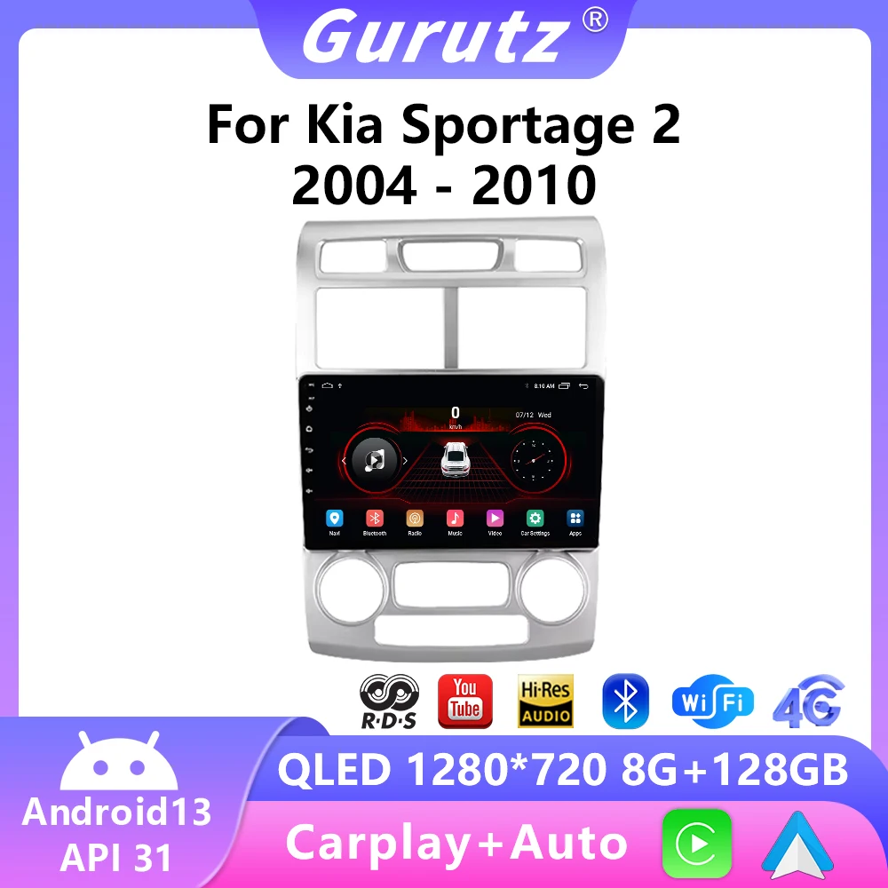 Leitor de Vídeo Multimídia para Carro, 2 Din, Android 13, Navegação GPS, WiFi, Sistema Estéreo, Carplay, Automático, Kia Sportage 2, 2004-2010