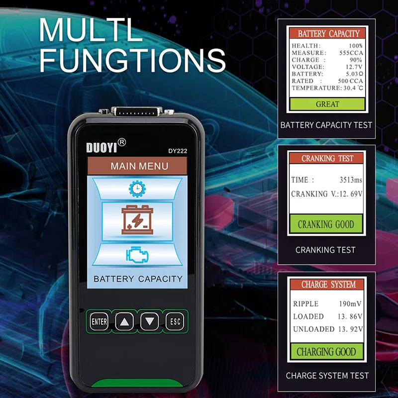 DUOYI Car Battery Tester DY222 12V 24V Digital Automotive Diagnostic Battery Tester Analyzer 2000CCA Cranking Charging Test Tool