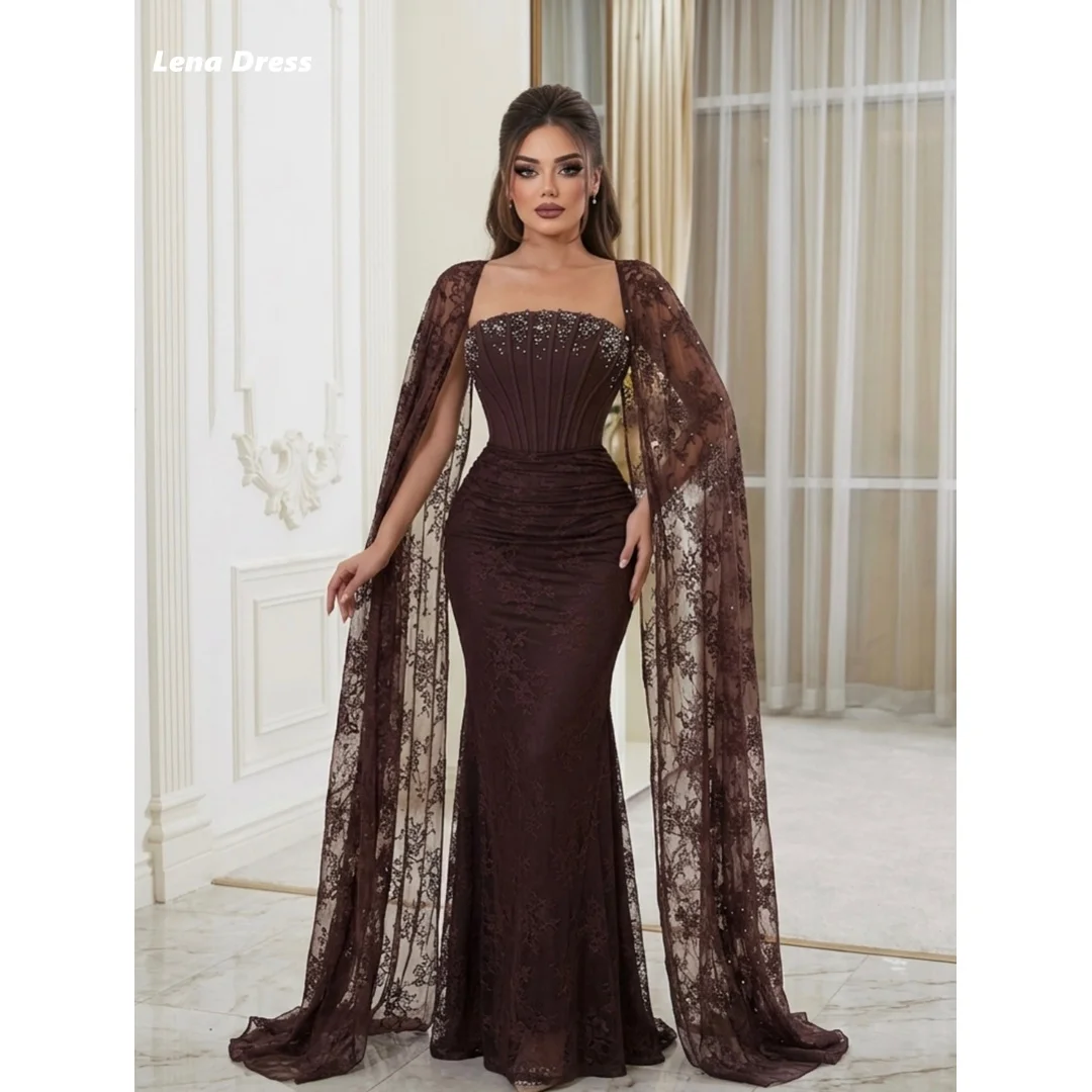 Lena Customized Prom Luxury Dresses for Special Occasions Embroidered Lace Elegant Chic Woman Evening Dress Brown Shawl Shiny