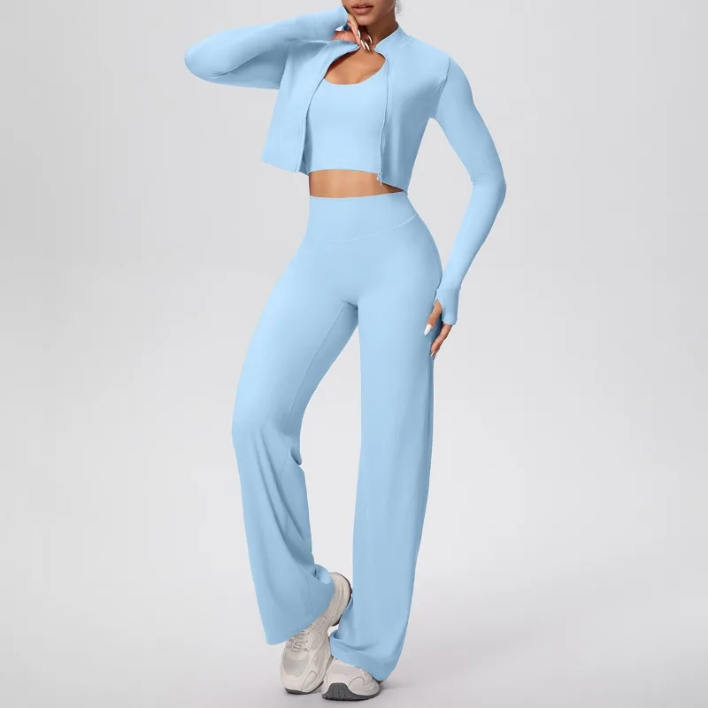 

Женский тонкий комплект для йоги, однотонный, плотный, быстросохнущий, с подвесным воротником, жилет с широкими штанинами, комплект из трех предметов, спортивный комплект для фитнеса на открытом воздухе