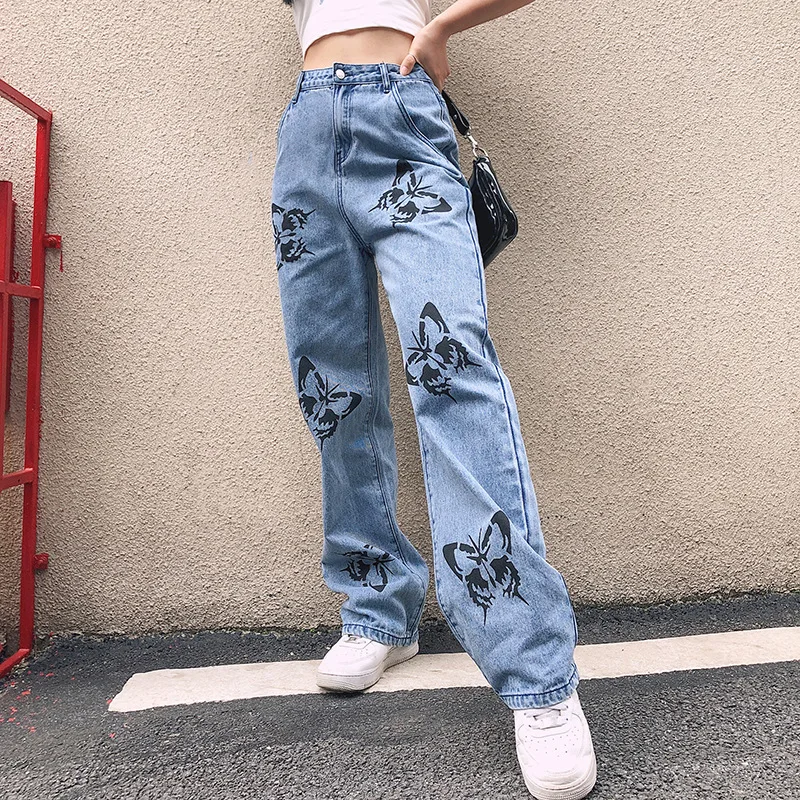 

Butterfly Hand-print Jeans Women Baggy Jeans Pants for Women Casual Vintage Women High Waisted Jeans Female Trousers Streetwear