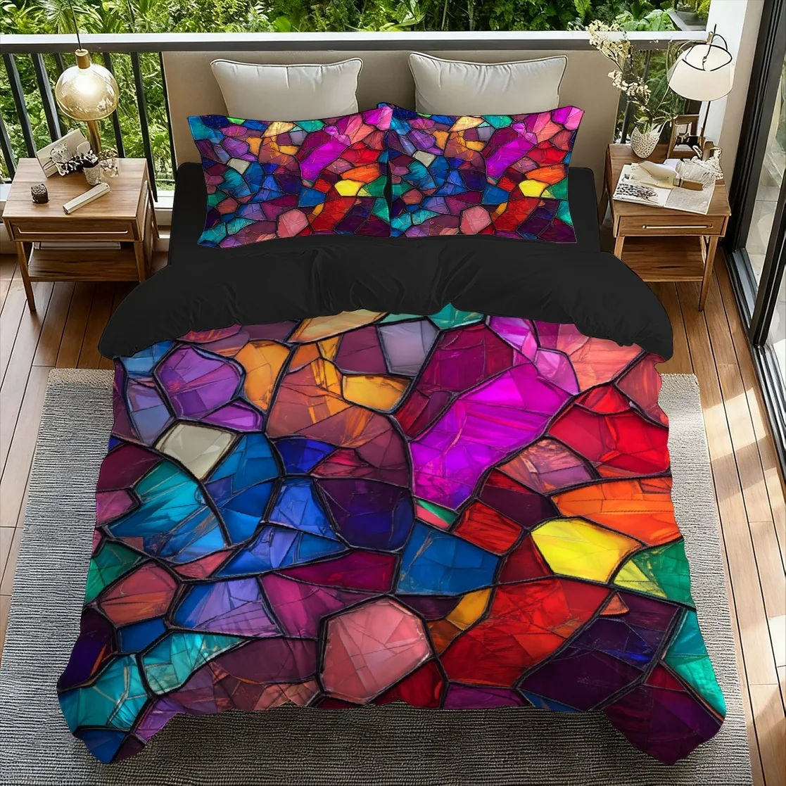 Valentine's Day & Christmas Multicolored Stained Glass Design Bedding Set for Bedroom Decor Comforter Cover