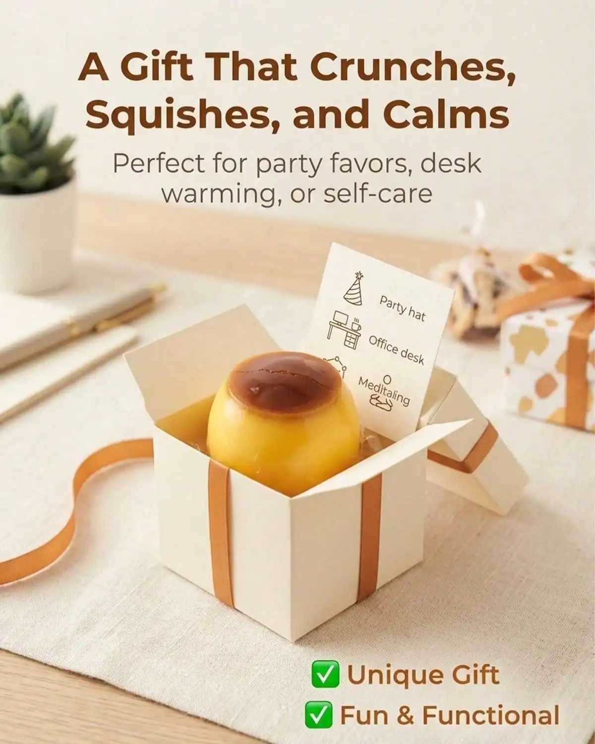 

Caramel Pudding Stress Ball Squishy Crunchy Bead Filled Non Rebound Handmade Taba ASMR Anxiety Relief For Adults Party Favor Squeeze Toy Cute Realistic Food Soft Sticky Silicone Dessert