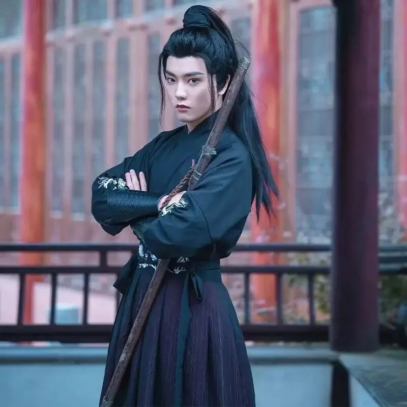 حجم كبير 4XL Hanfu الرجال الصينية التقليدية تأثيري حلي هالوين كوس زي القديمة Hanfu الأسود والأحمر قميص تنورة مجموعات