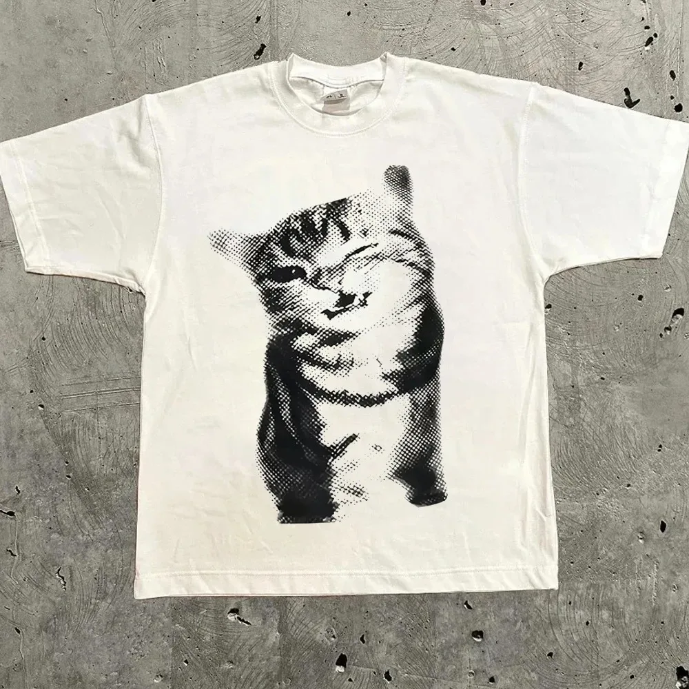 Winking Cat Cute Mens Y2K Graphic T Shirt Streetwear Cotton Tee