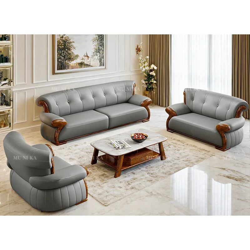 European ebony leather sofa high-end villa solid wood cowhide 124 combination large living room luxury Foshan furniture