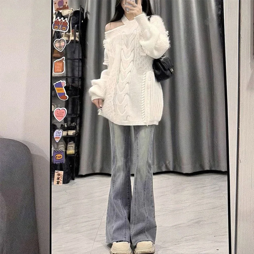 Botvotee Retro Light Blue Micro Flare กางเกงยีนส์ผู้หญิง Vintage Streetwear ขากว้าง Slim Fit Lady Elastic Hight เอว Denim กางเกง