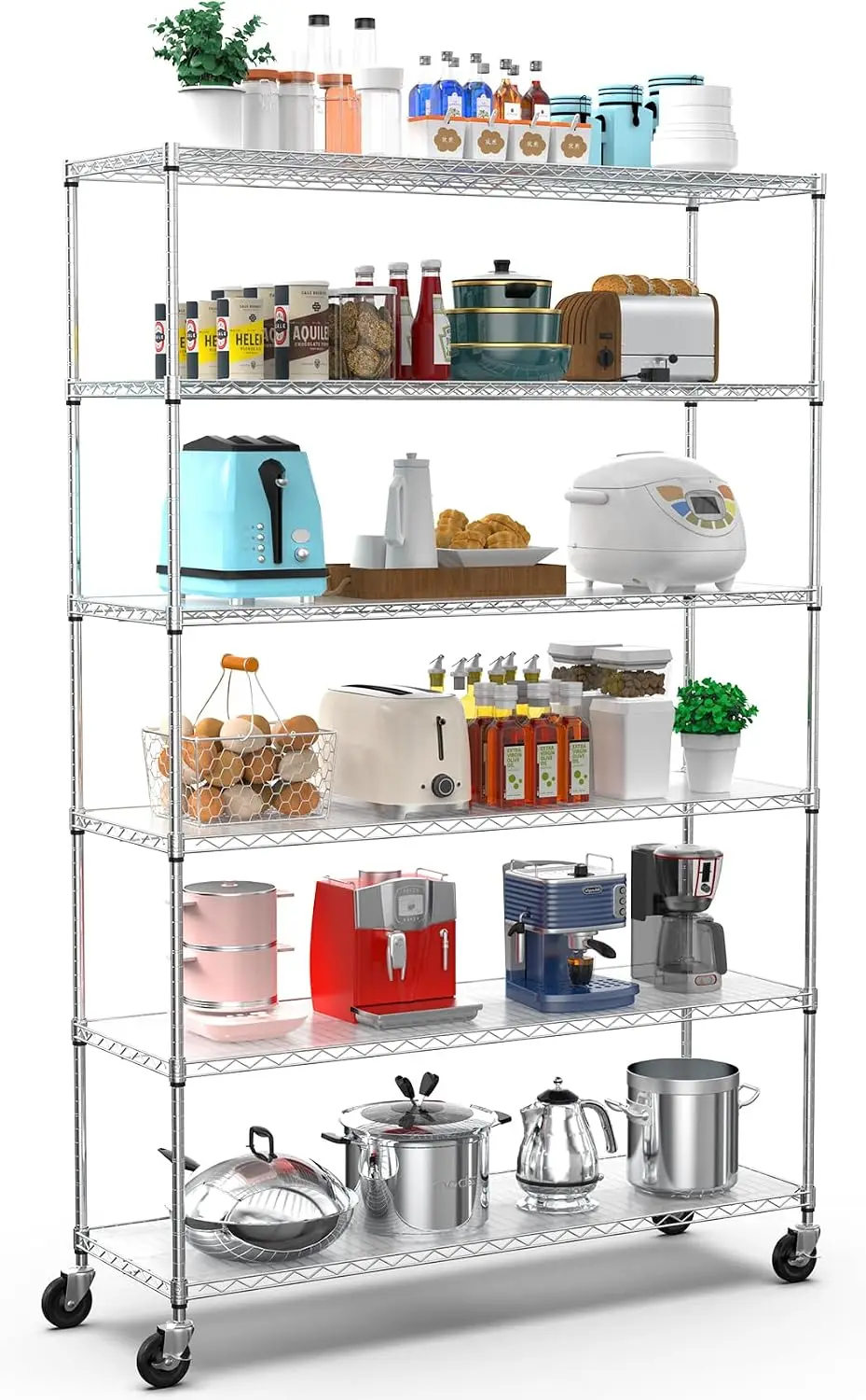 Heavy Duty NSF 6 Tier Wire Shelf 18x48x82 Inch 6000lbs Capacity Adjustable Storage Metal Rack With Wheels Leveling Feet Shelf Li