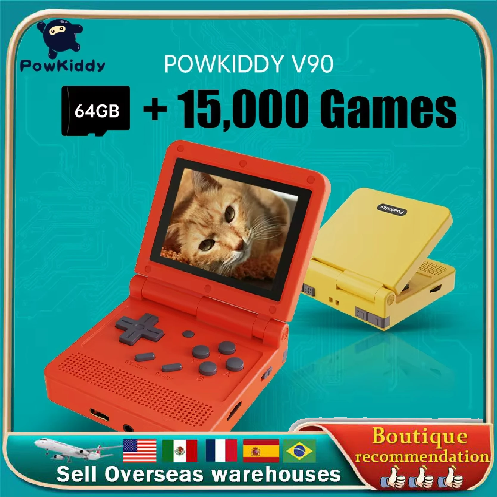 POWKIDDY v90 Black Version 3-Inch IPS Screen Flip Handheld Console Open System Game Console 16 Simulators PS1 Children's gifts