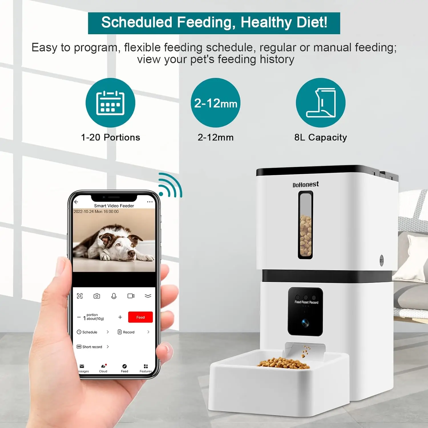 DoHonest-Alimentador automático para perros con cámara 5G, WiFi, fácil configuración, 8L de detección de movimiento, dispensador inteligente de