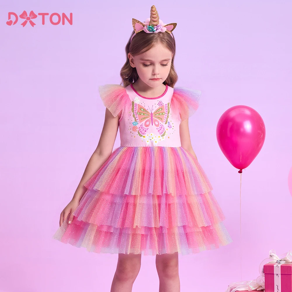 

DXTON Girls Princess Dress Ruffles Sleeveless Butterfly Kids Vacation Dress Gradient Mesh Layered Cake Children Birthday Clothes