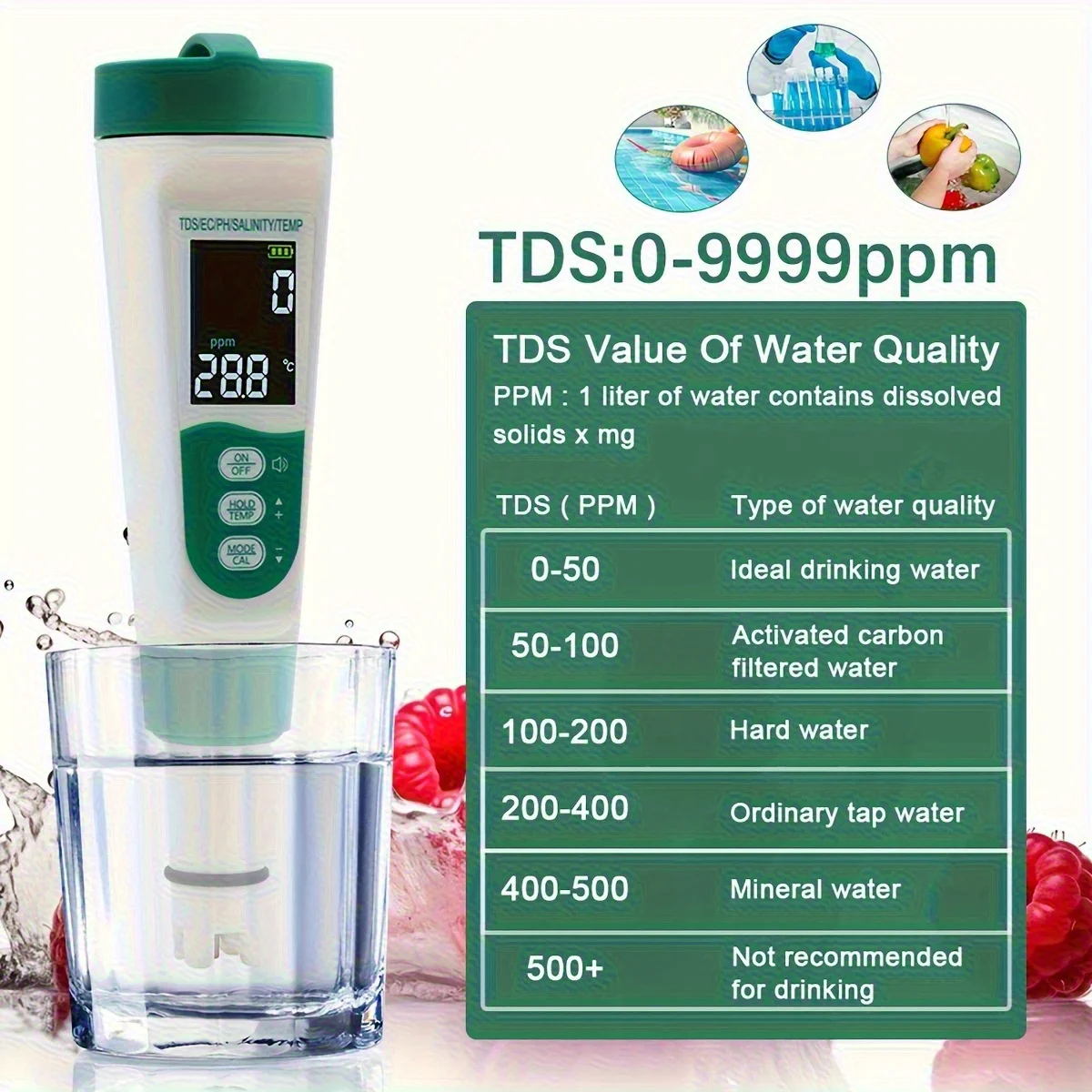 5 in 1 Digital Water Quality Tester Pen LCD Meter PH Salt Temp TDS EC 0‑9990PPM for Drinking Water Aquariums Pools Hydroponics