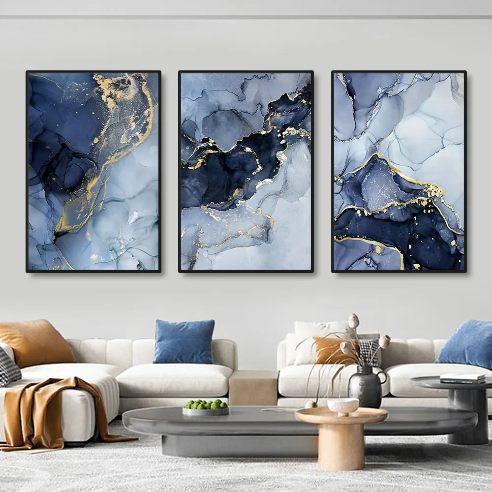3pcs Modern Gold Blue Marble Wall Art Posters Abstract Canvas Painting Prints Pictures Living Room Interior Home Decoration