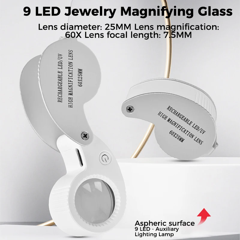 قابلة للشحن مجوهرات المكبر 40X 60X طوي عدسة مكبرة مع الأشعة فوق البنفسجية LED أضواء مضيئة المكبر للمجوهرات الأحجار الكريمة عملة