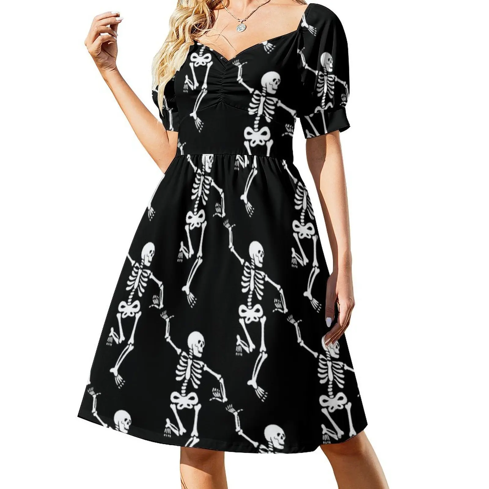 هالوين الرقص الهياكل العظمية نمط على خلفية سوداء المرأة الشارع الشهير فستان الحفلات العصرية طباعة نادي الملابس للإناث